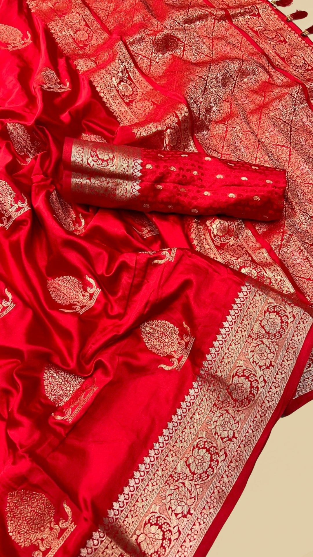 Red Pure Munga Satin Banarasi Silk Saree