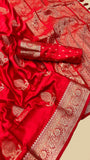 Red Pure Munga Satin Banarasi Silk Saree
