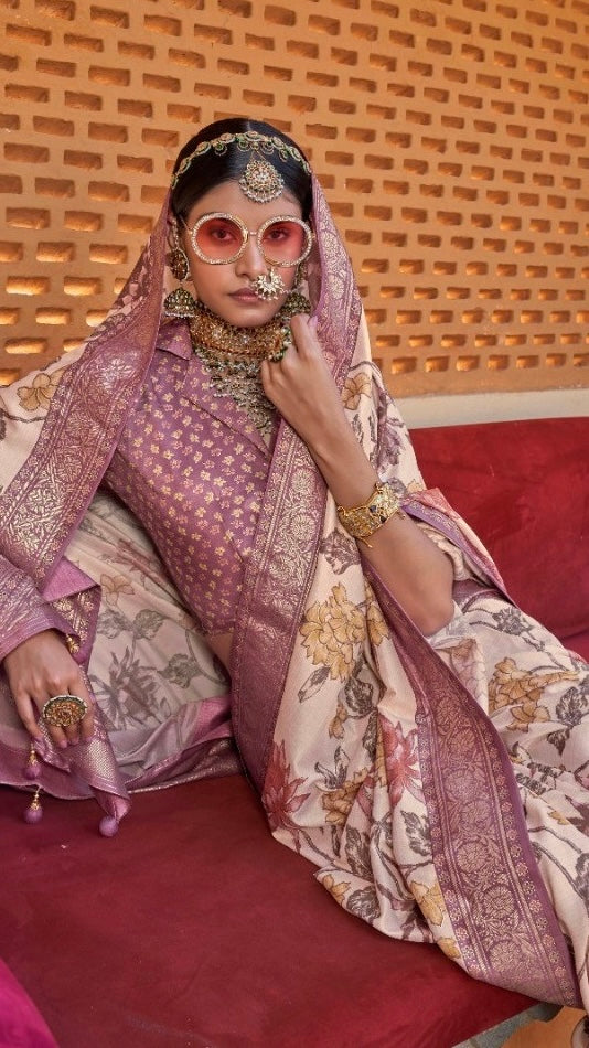 White and Pink Foil Printed Multi Floral Contemporary Banarasi Crepe Silk Saree ERA10WPK