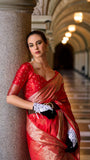Red Pure Munga Satin Banarasi Silk Saree