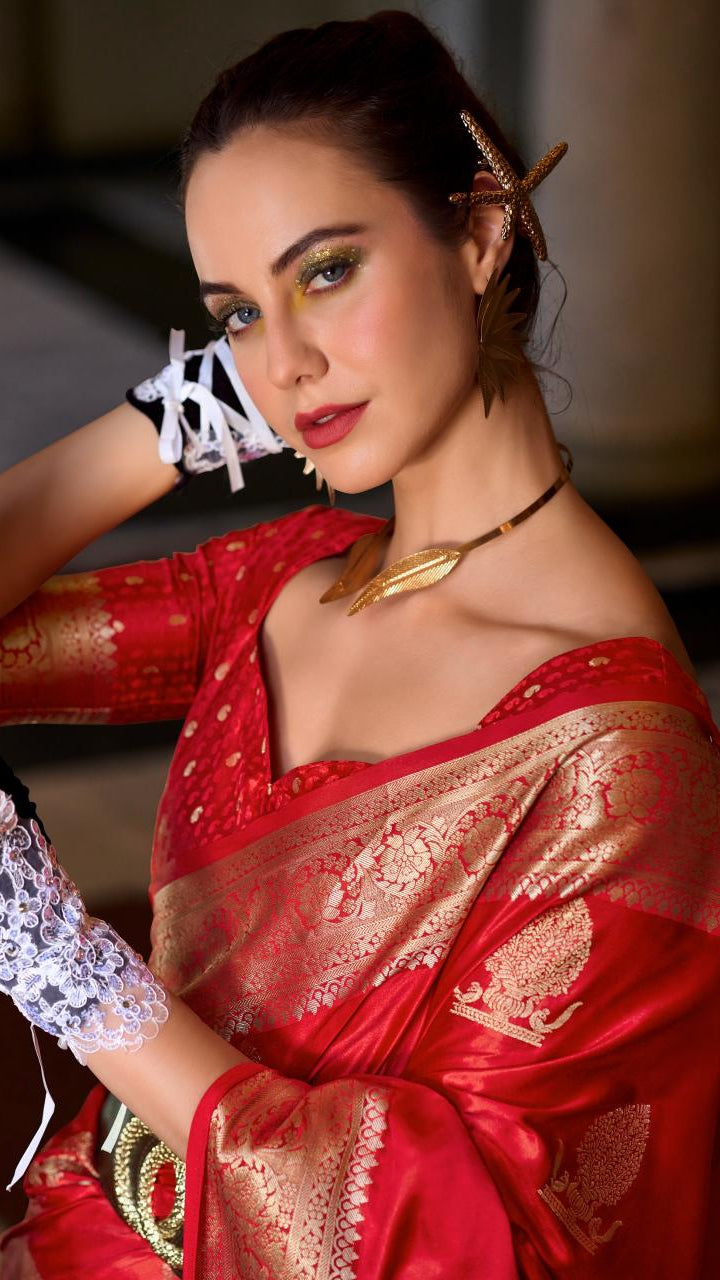 Red Pure Munga Satin Banarasi Silk Saree