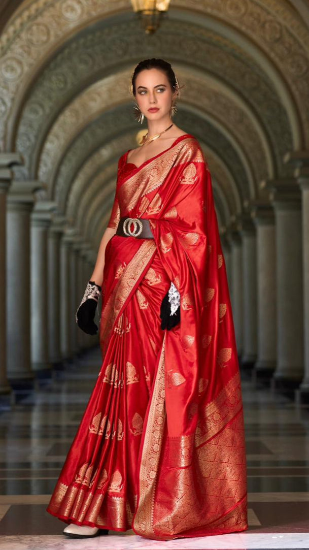 Red Pure Munga Satin Banarasi Silk Saree