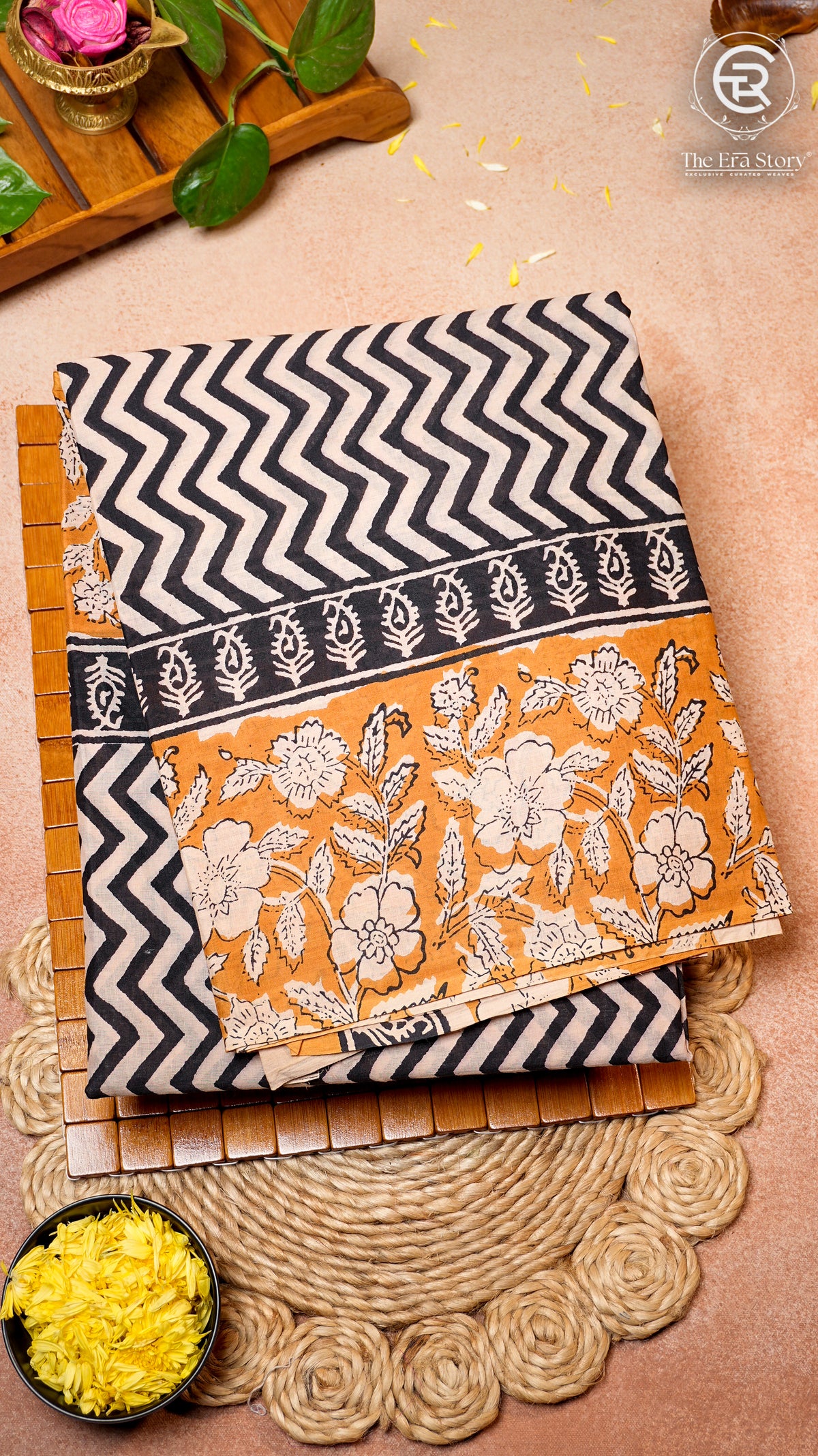 White & Amber Geometric ZigZag Patterned Handblocked Pure Cotton Saree