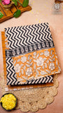 White & Amber Geometric ZigZag Patterned Handblocked Pure Cotton Saree