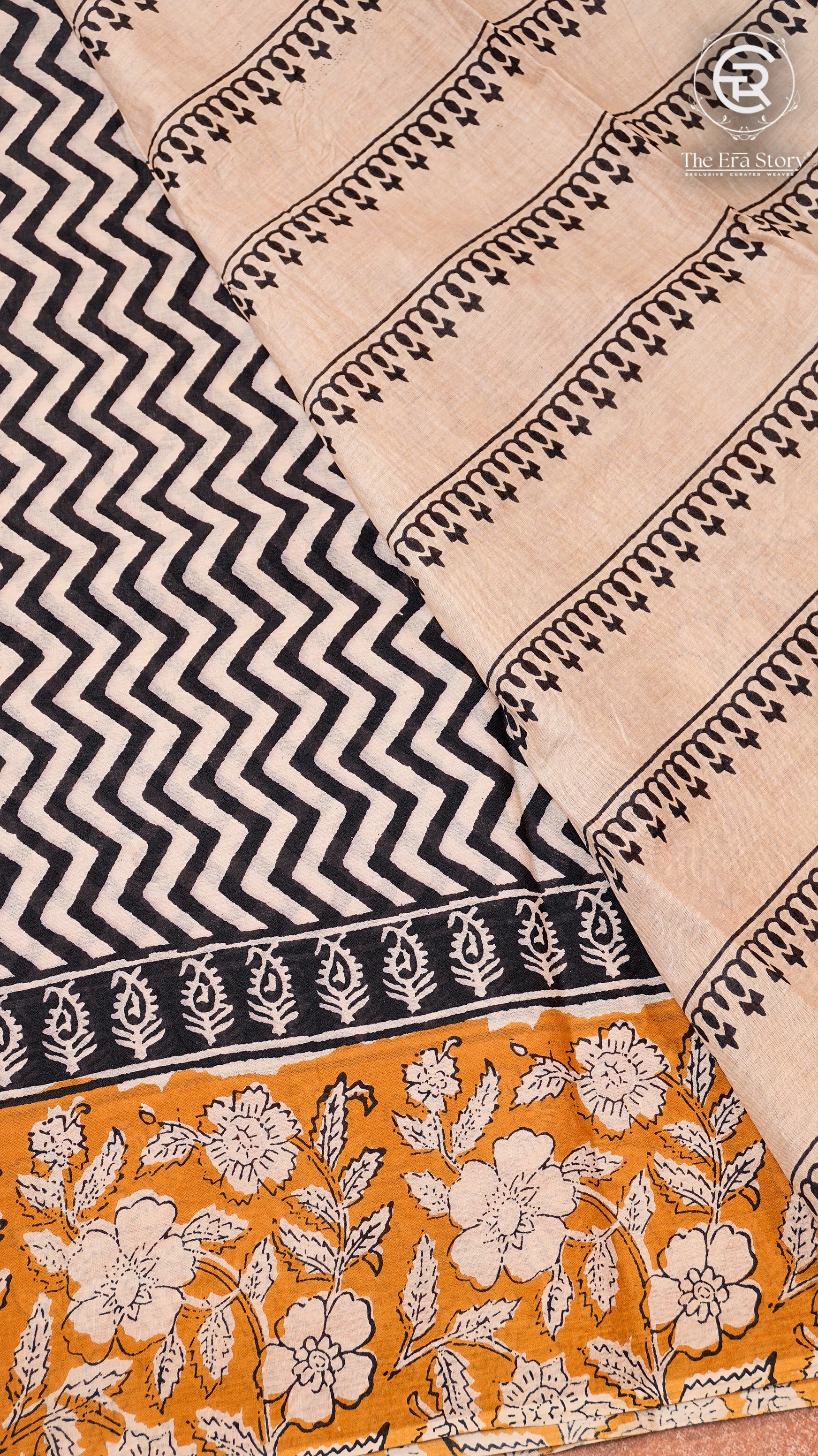 White & Amber Geometric ZigZag Patterned Handblocked Pure Cotton Saree