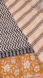 White & Amber Geometric ZigZag Patterned Handblocked Pure Cotton Saree