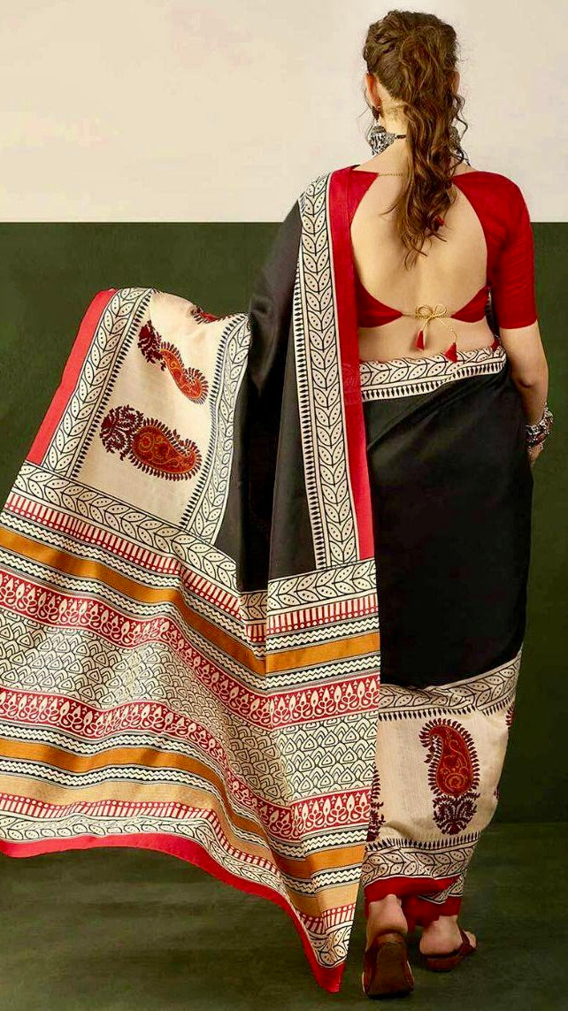 Black and Beige Ajrakh Hand Blocked Pure Cotton Saree