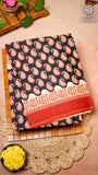 Black and Red Mango Patterned Handblocked Pure Cotton Saree