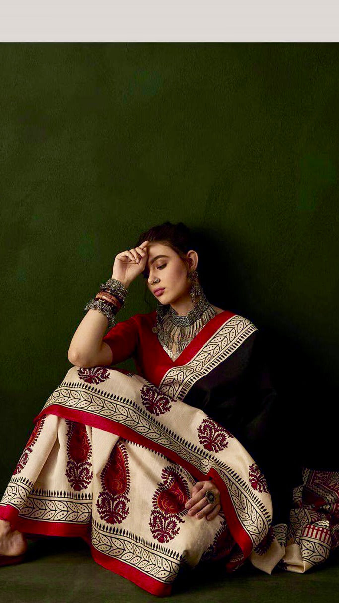 Black and Beige Ajrakh Hand Blocked Pure Cotton Saree