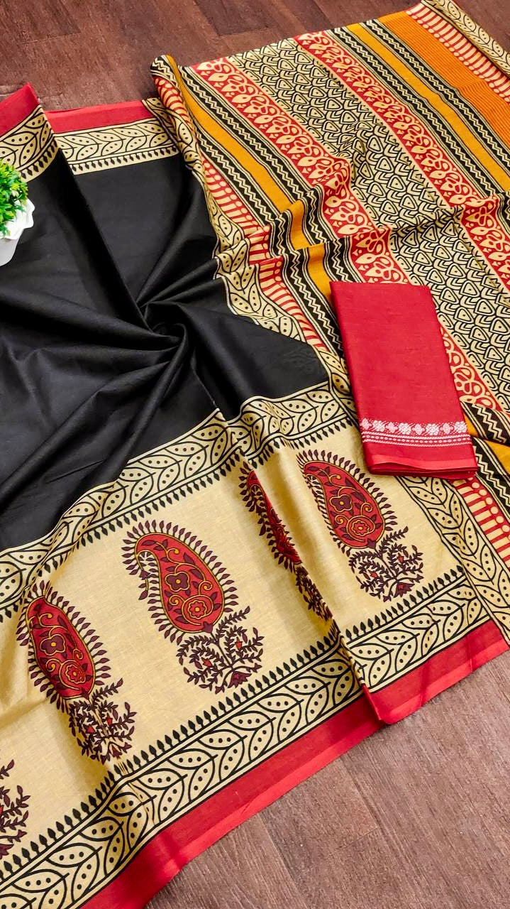 Black and Beige Ajrakh Hand Blocked Pure Cotton Saree