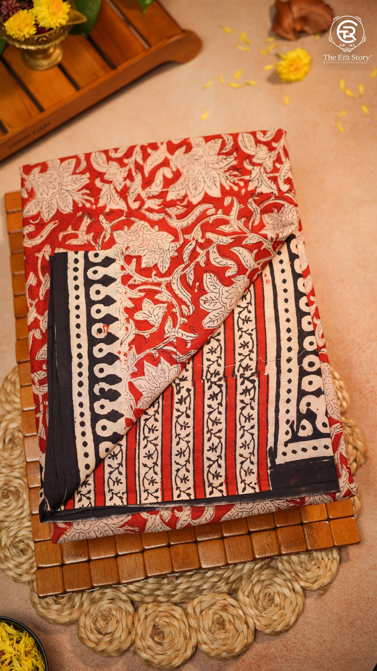 Red & Black Floral Vine Handblocked Pure Mul Cotton Saree
