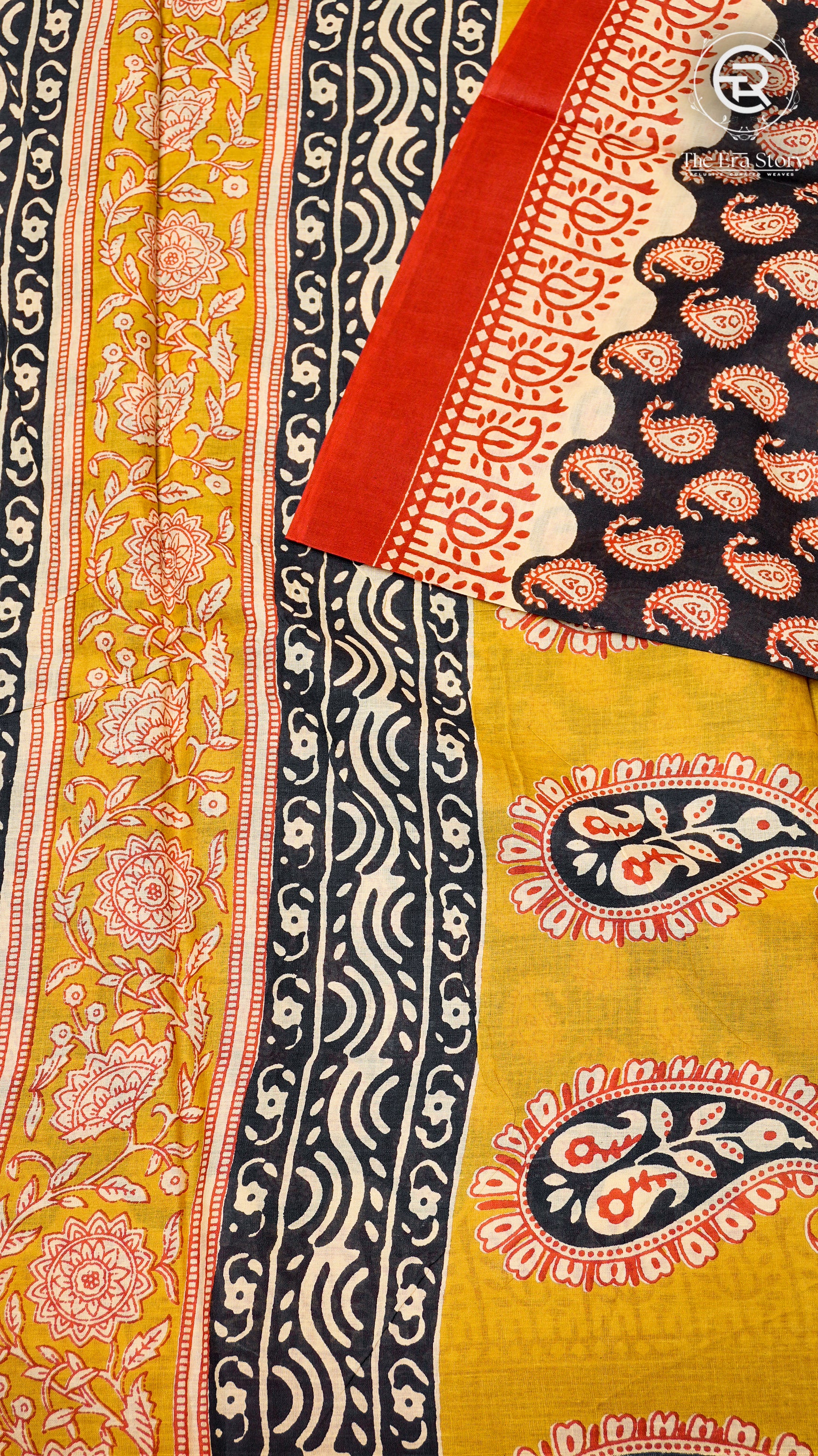 Black and Red Mango Patterned Handblocked Pure Cotton Saree