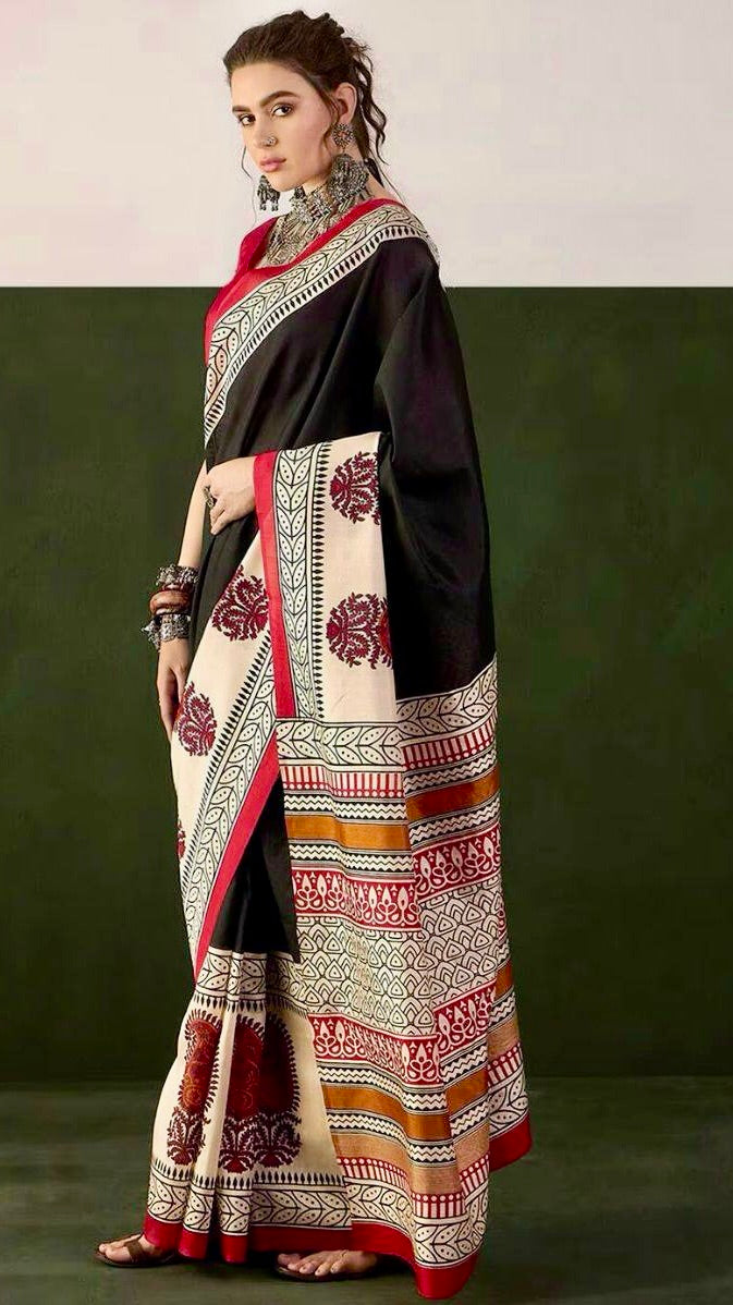 Black and Beige Ajrakh Hand Blocked Pure Cotton Saree