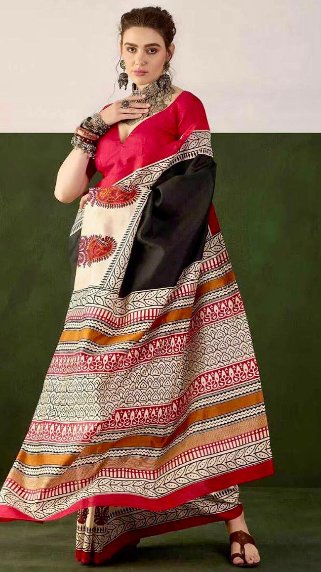 Black and Beige Ajrakh Hand Blocked Pure Cotton Saree