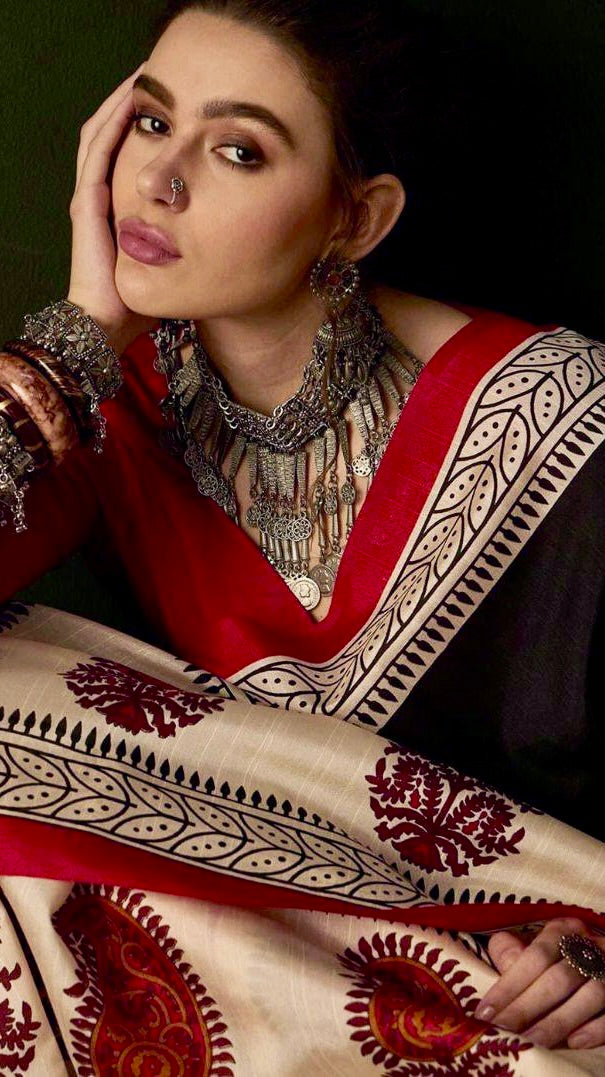 Black and Beige Ajrakh Hand Blocked Pure Cotton Saree