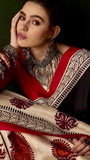 Black and Beige Ajrakh Hand Blocked Tussar Silk Saree