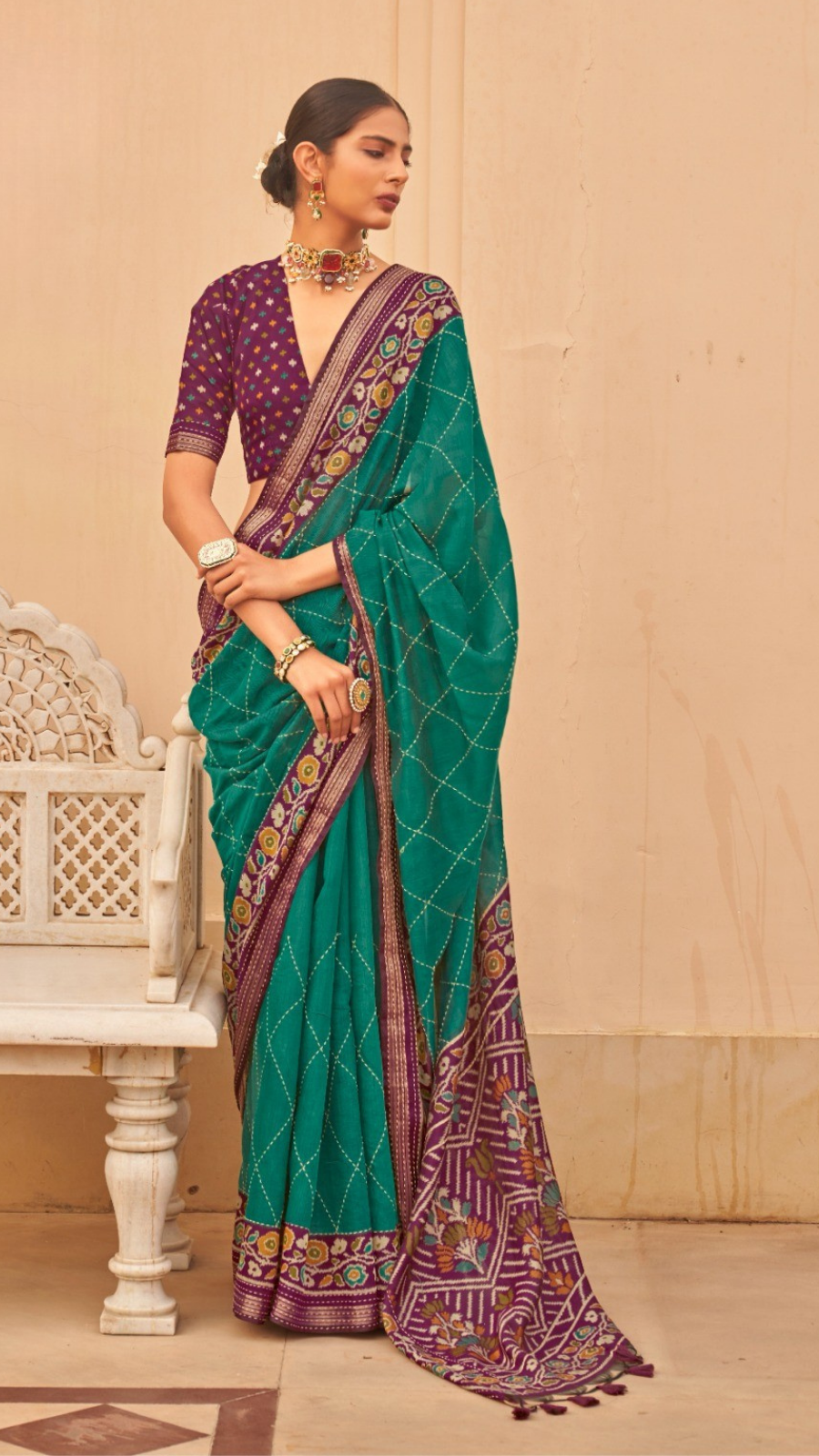 Green and Pink Kantha Floral Diamond Soft Cotton Saree