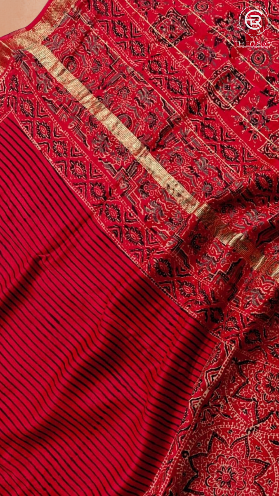 Red & Black Line Patterned Handblocked Pure Maheshwari Cotton Sarees