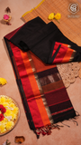 Black with Red–Orange Handloom Pure Maheshwari Silk Saree