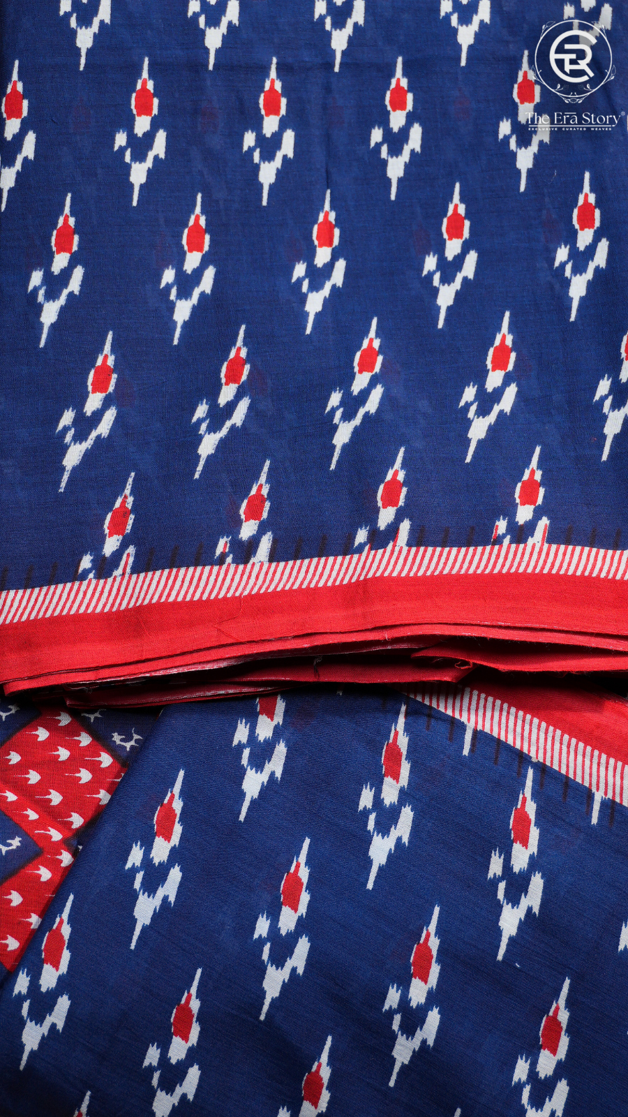 Navy Blue Red & White Mulmul Cotton Saree