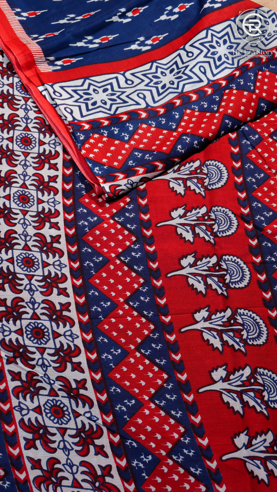 Navy Blue Red & White Mulmul Cotton Saree