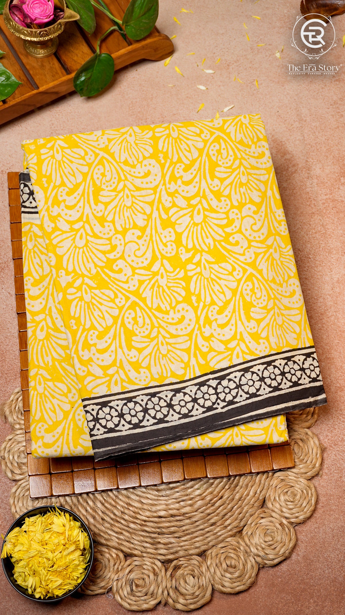 Yellow and Black Floral Handblocked Pure Cotton Saree