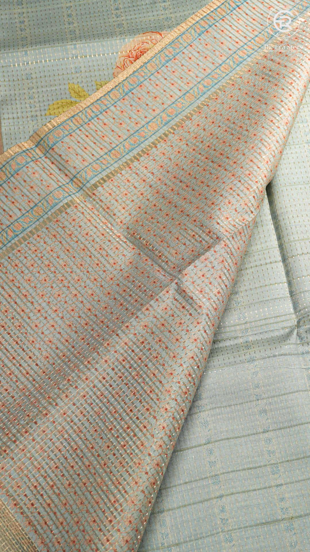 Baby Blue Rose Floral Kantha Matka Tussar Silk Saree