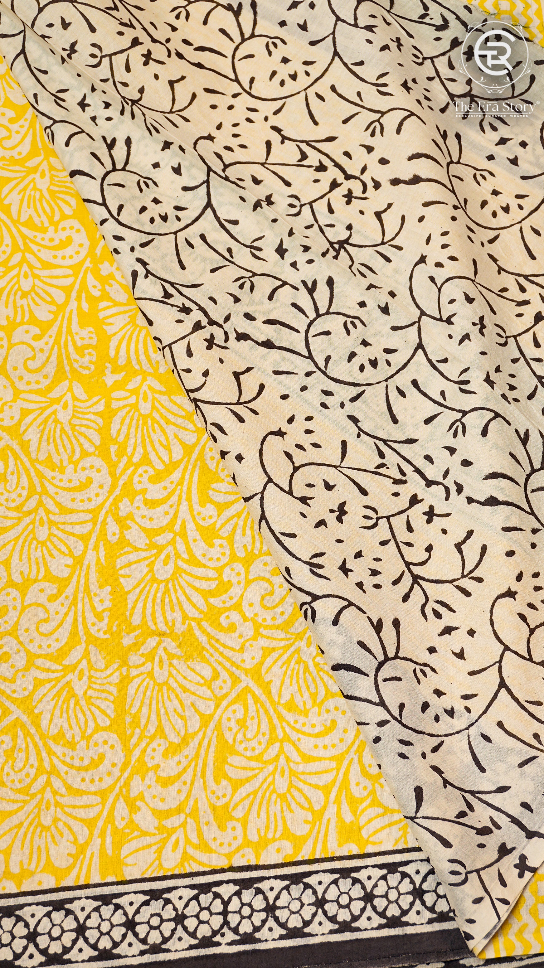 Yellow and Black Floral Handblocked Pure Cotton Saree