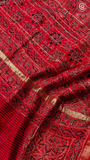 Red & Black Line Patterned Handblocked Pure Maheshwari Cotton Sarees