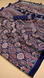 Blue Floral Ajrakh Modal Satin Silk Saree