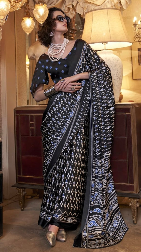 Black Ajrakh Satin Crepe Silk Saree
