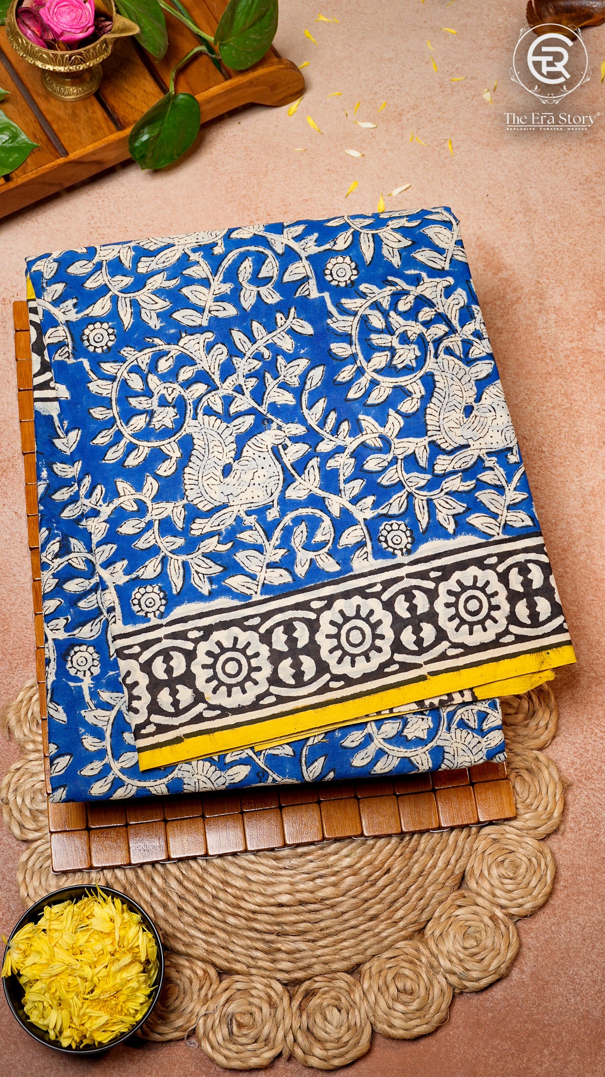 Blue and Yellow Floral Handblocked Pure Cotton Saree