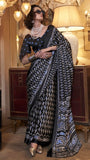 Black Ajrakh Satin Crepe Silk Saree