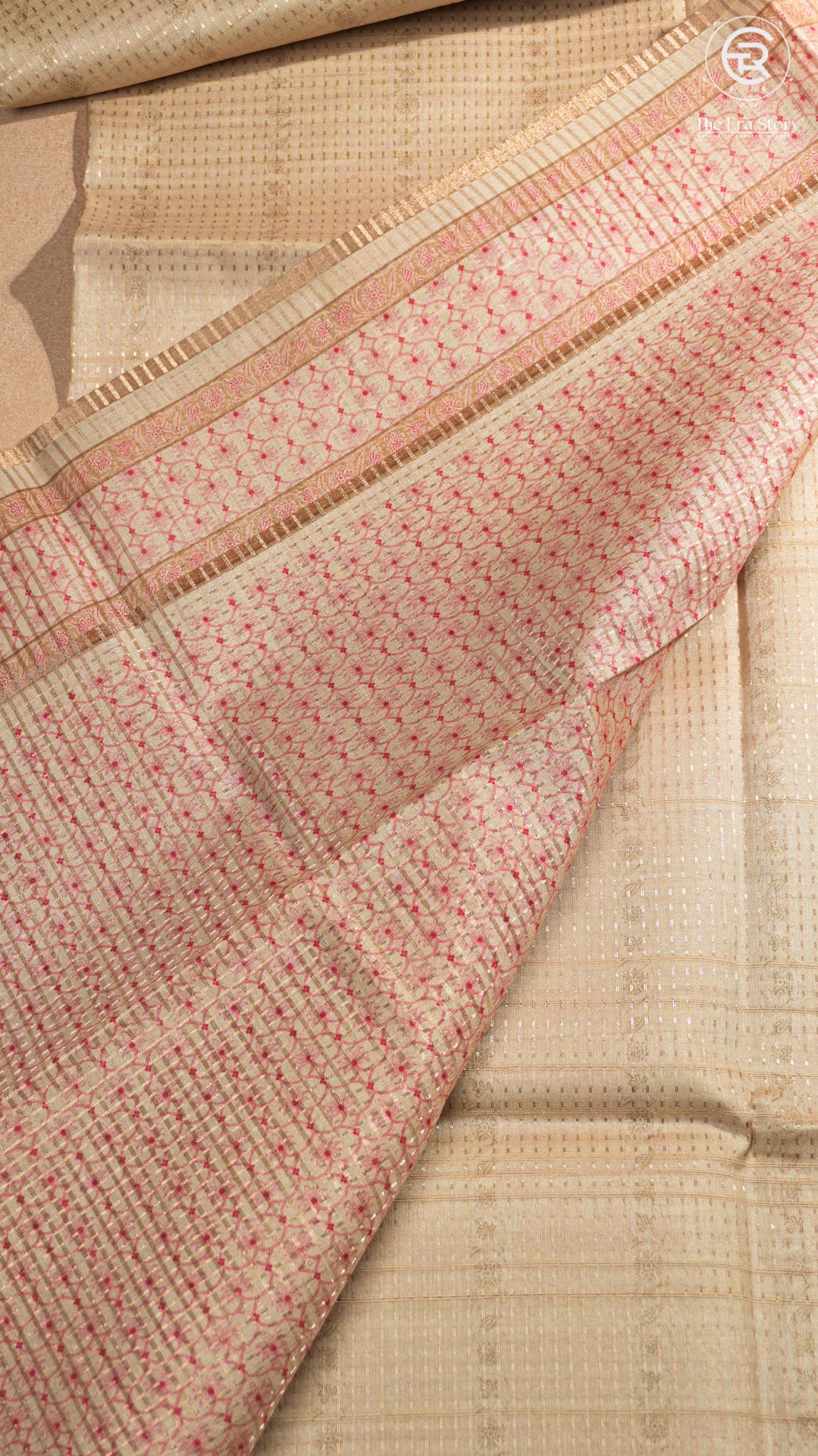 Beige & Pink Rose Floral Kantha Matka Tussar Silk Saree