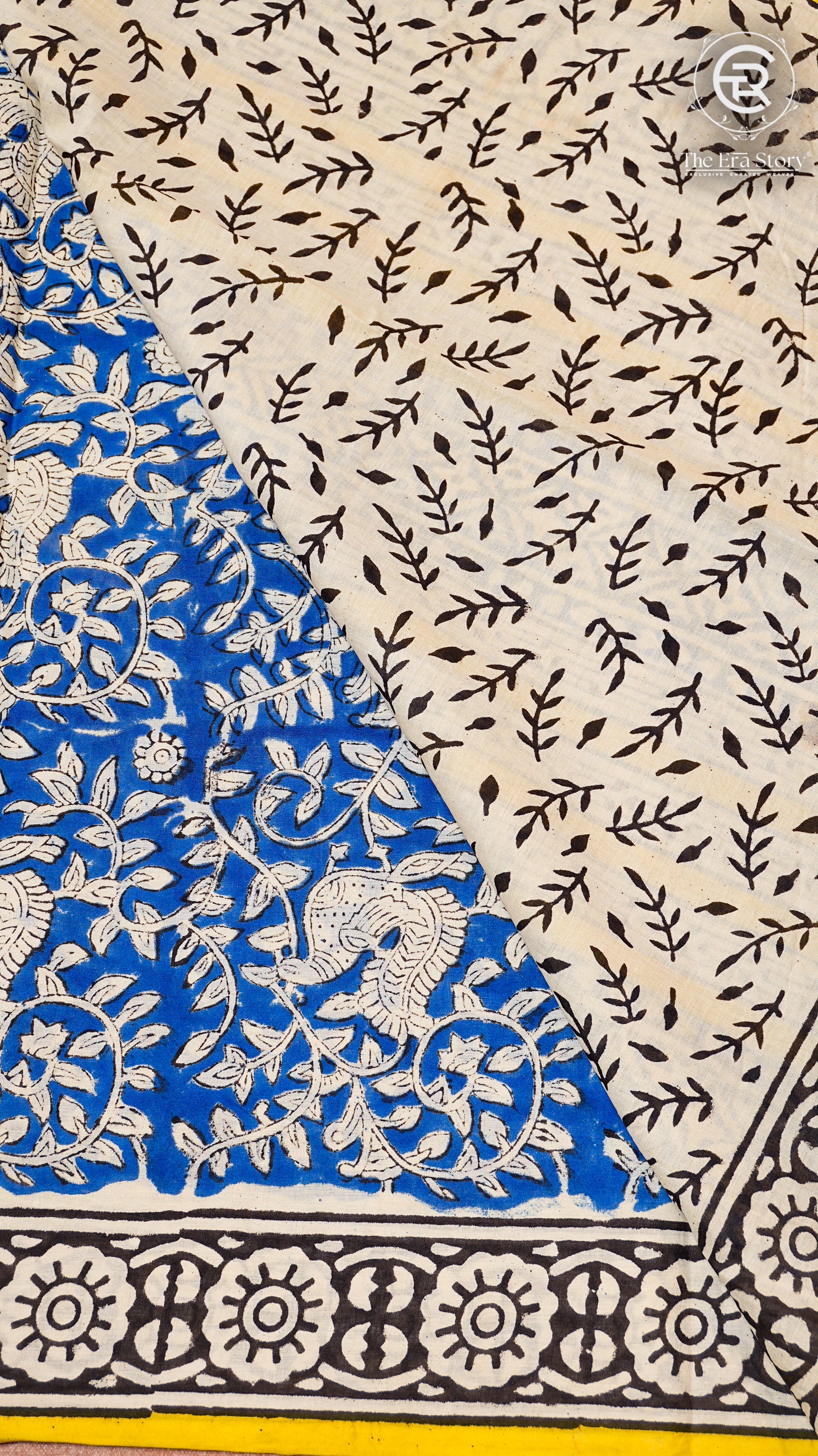 Blue and Yellow Floral Handblocked Pure Cotton Saree