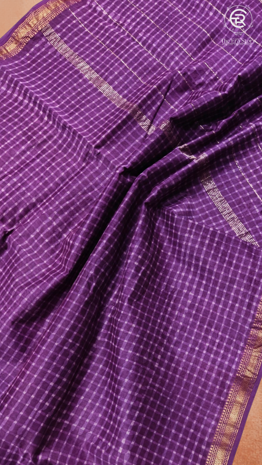 Purple Checkered Handblocked Pure Maheshwari Cotton Sarees