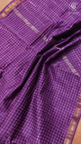Purple Checkered Handblocked Pure Maheshwari Cotton Sarees