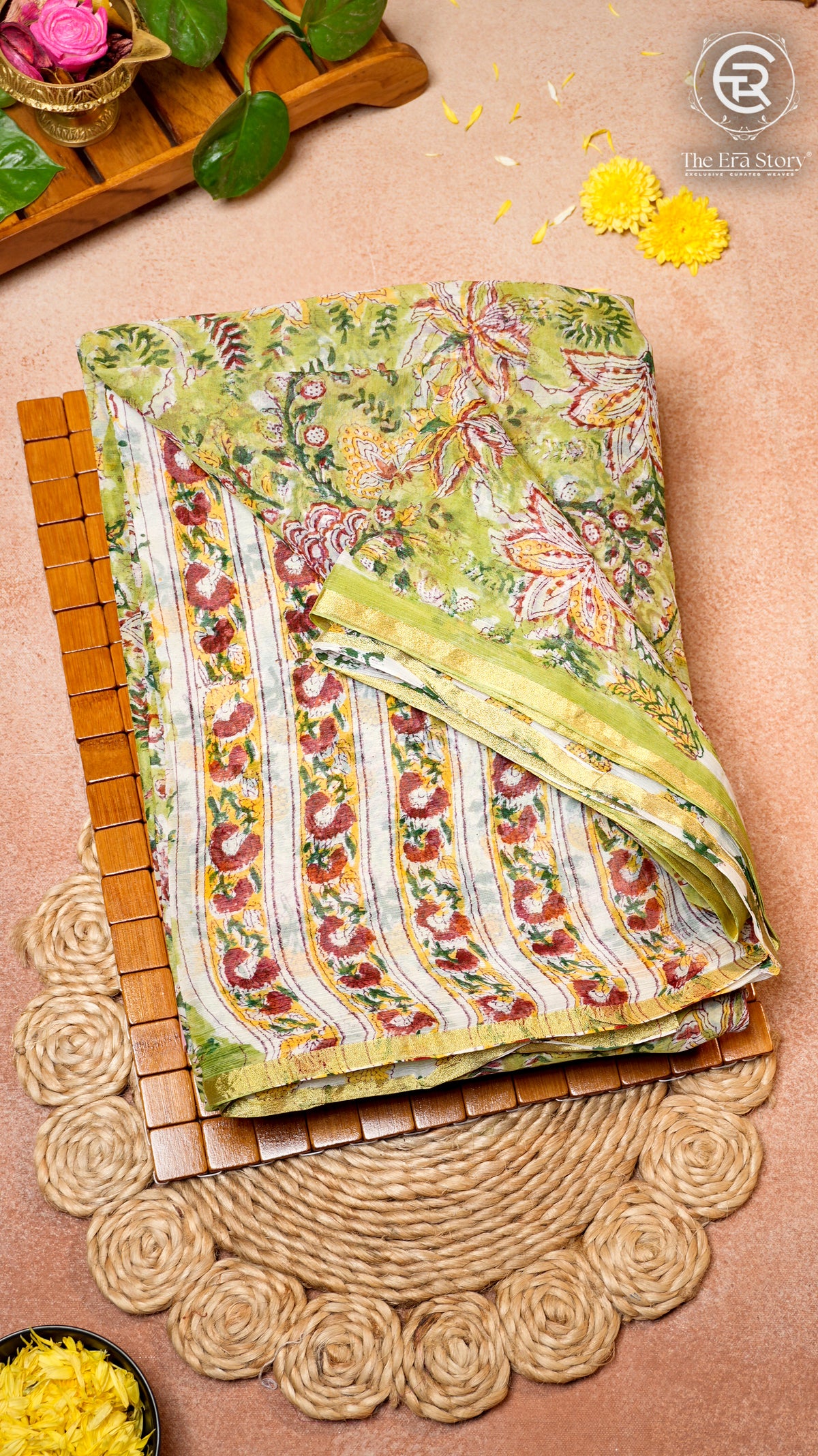 Lime Green and White Floral Handblocked Pure Double Chiffon Sarees