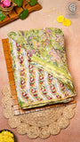 Lime Green and White Floral Handblocked Pure Double Chiffon Sarees