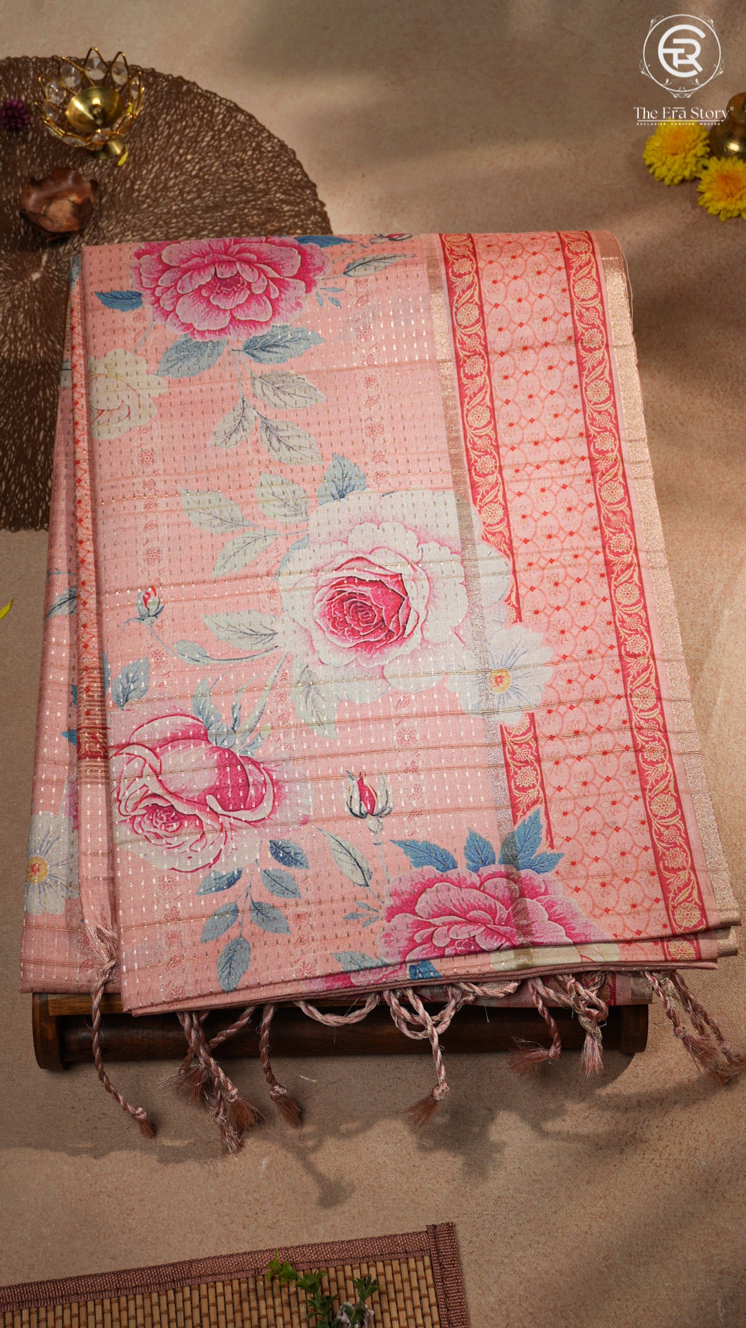 Pink Rose Floral Kantha Matka Tussar Silk Saree