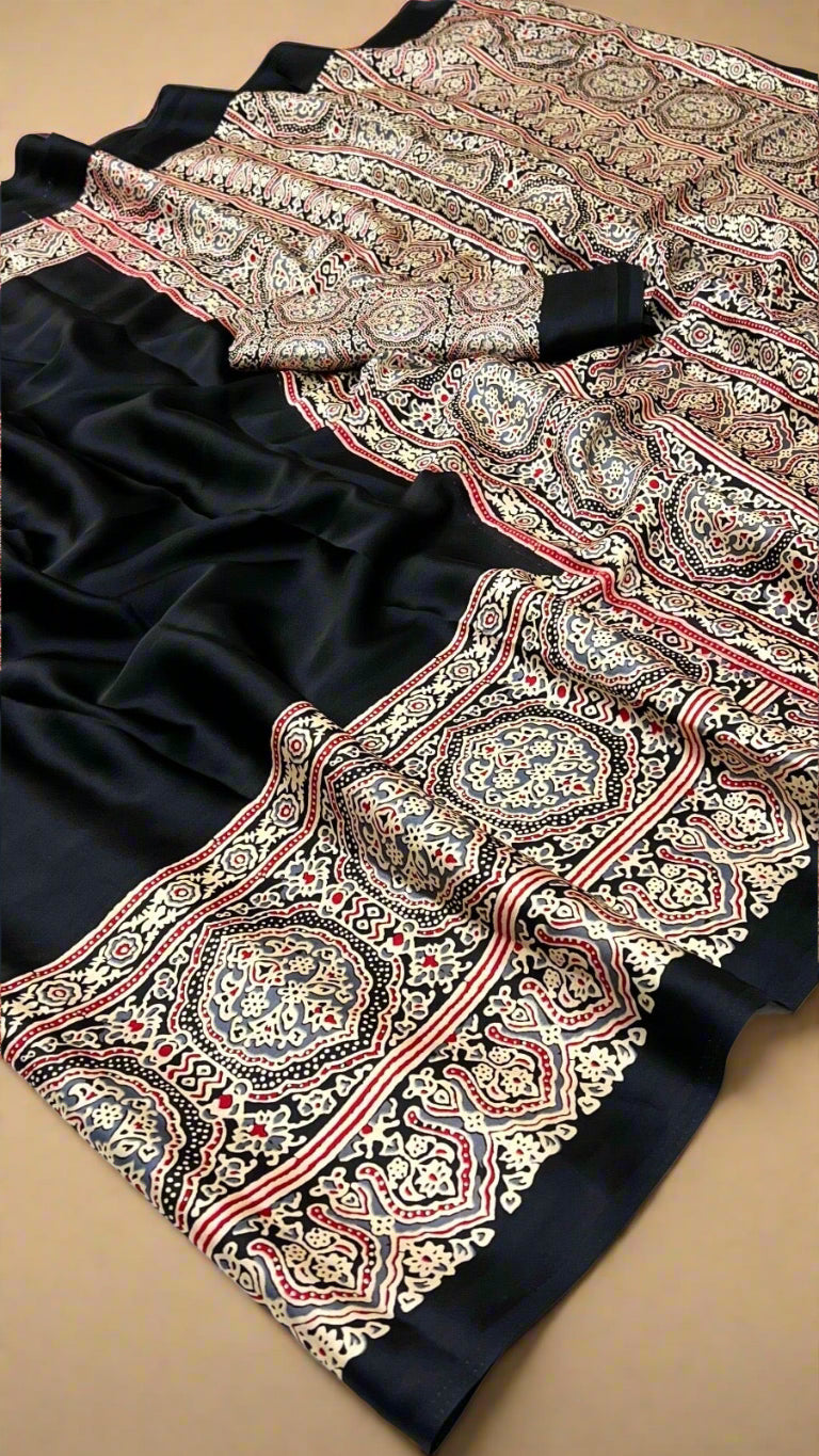 Black Ajrakh Contemporary Satin Modal Silk Saree