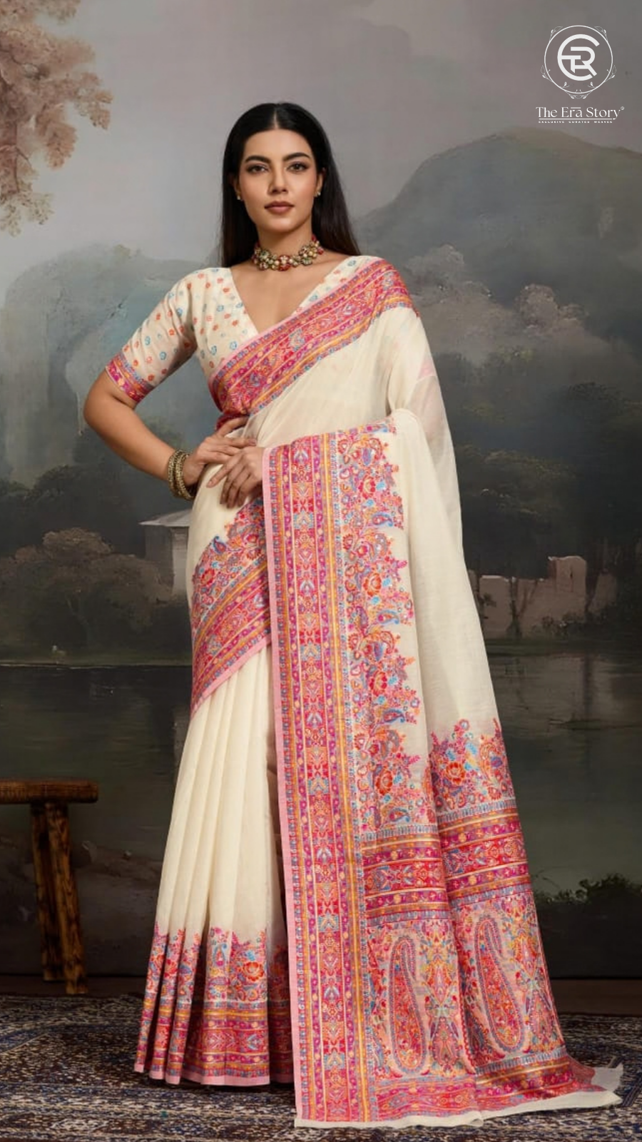White & Multi Color Floral Pure Kashmiri Cotton Saree