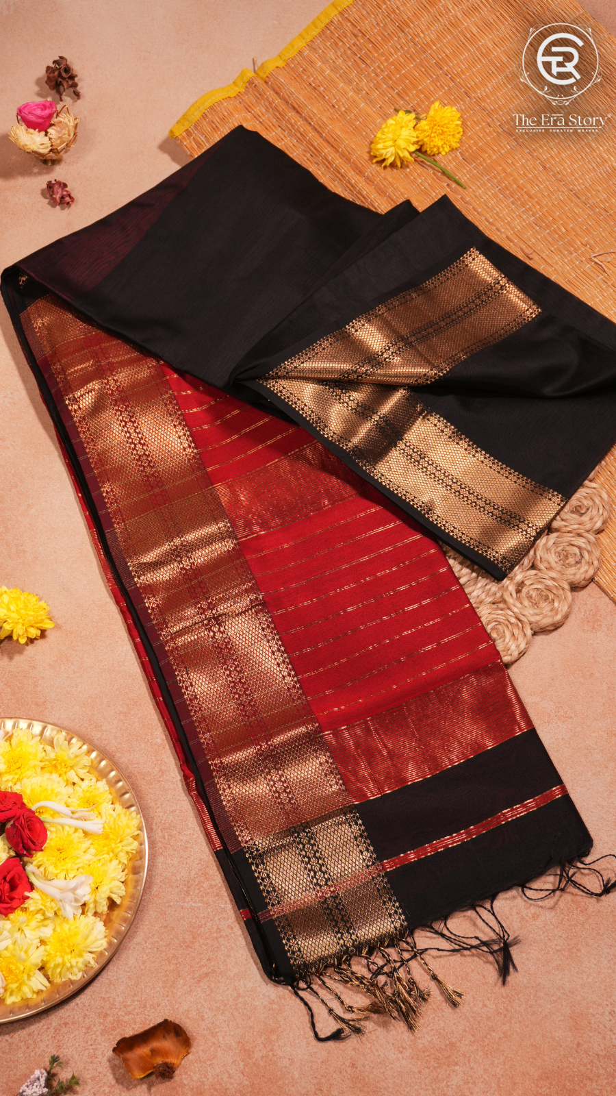 Black With Red Pallu Handloom Zari Pure Maheshwari Silk Saree