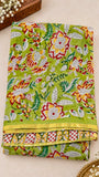 Lime Green and White Floral Handblocked Pure Double Chiffon Sarees
