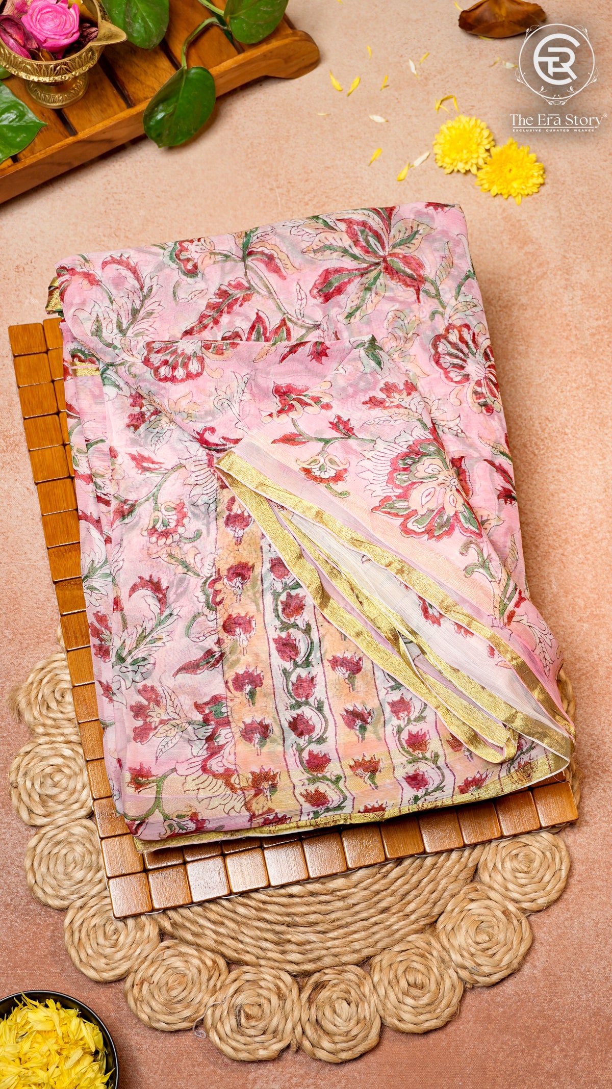 Baby Pink and Red Floral Handblocked Pure Double Chiffon Sarees