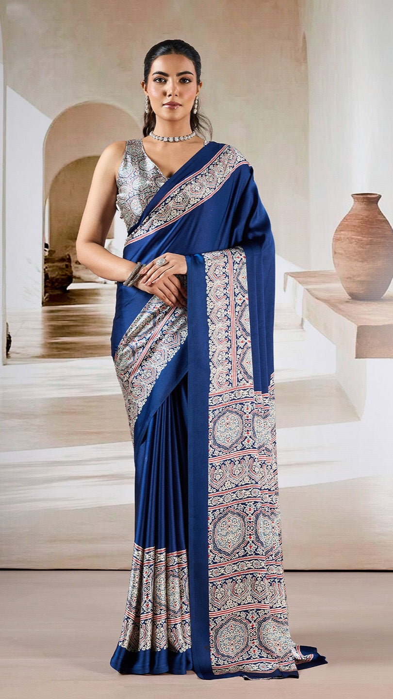 Blue Ajrakh Contemporary Satin Modal Silk Saree