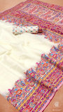 White & Multi Color Floral Pure Kashmiri Cotton Saree