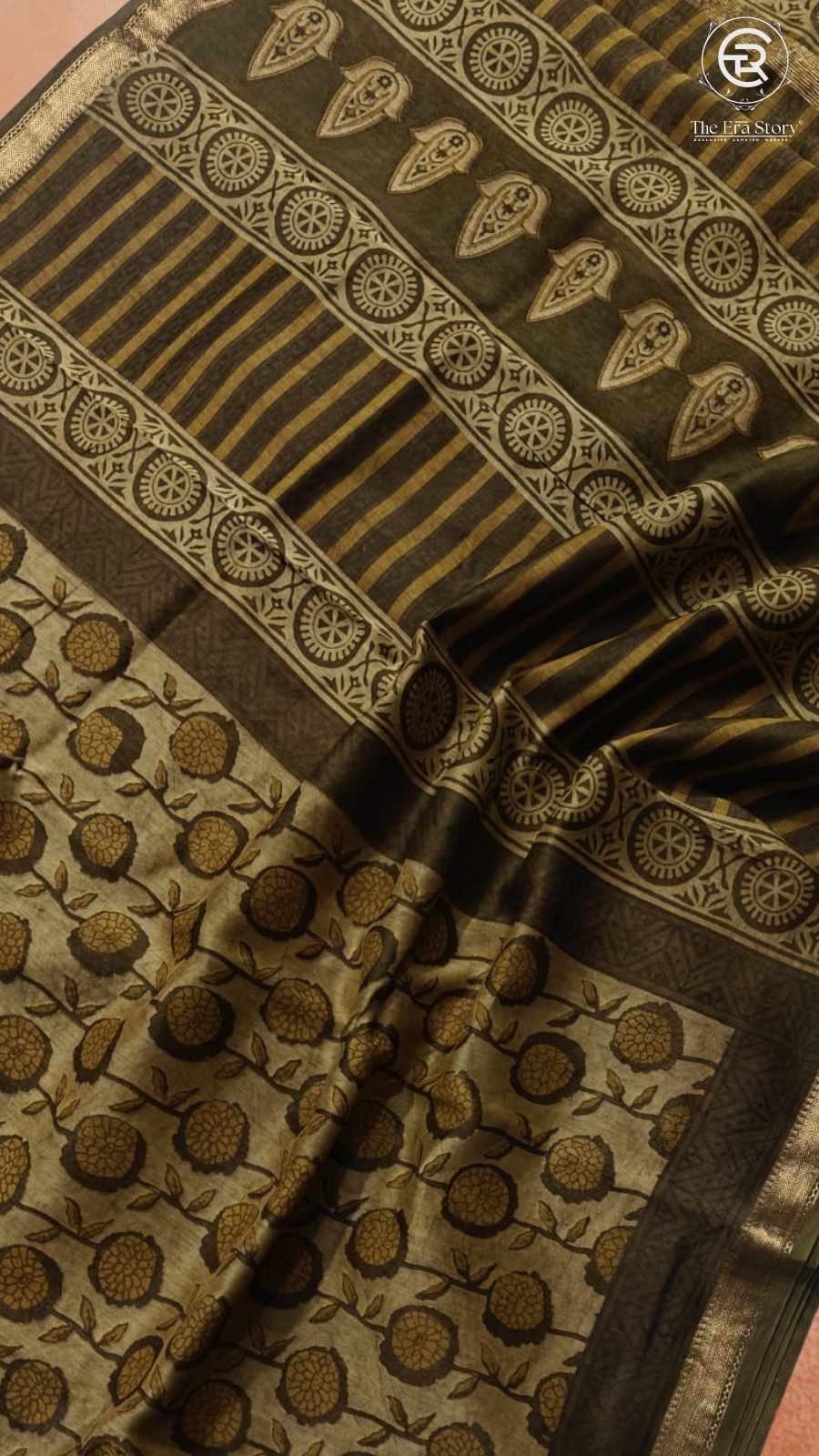 Moss Green Handblocked Pure Maheshwari Cotton Sarees