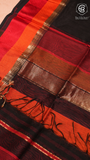 Black with Red–Orange Handloom Pure Maheshwari Silk Saree