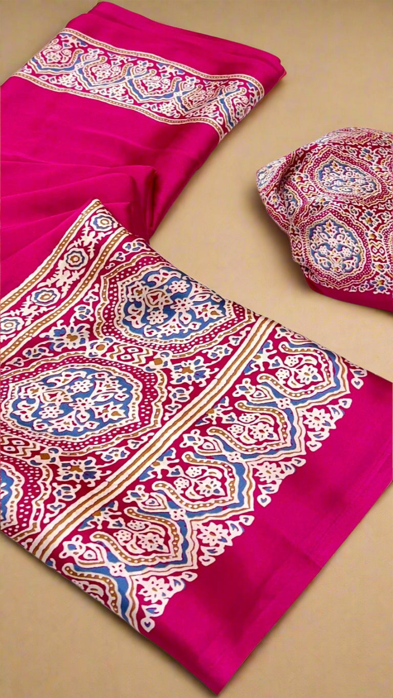 Pink Ajrakh Contemporary Satin Modal Silk Saree